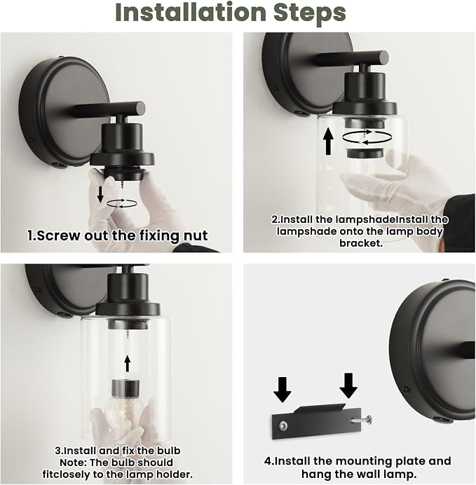 Black Rechargeable Wall Sconce Single, Bathroom Vanity Lights with Transparent glass Lampshade, Remote and Dimmable Bulb, Modern Farmhouse Lighting Fixtures for Bedrooms, Hallways, Living Room