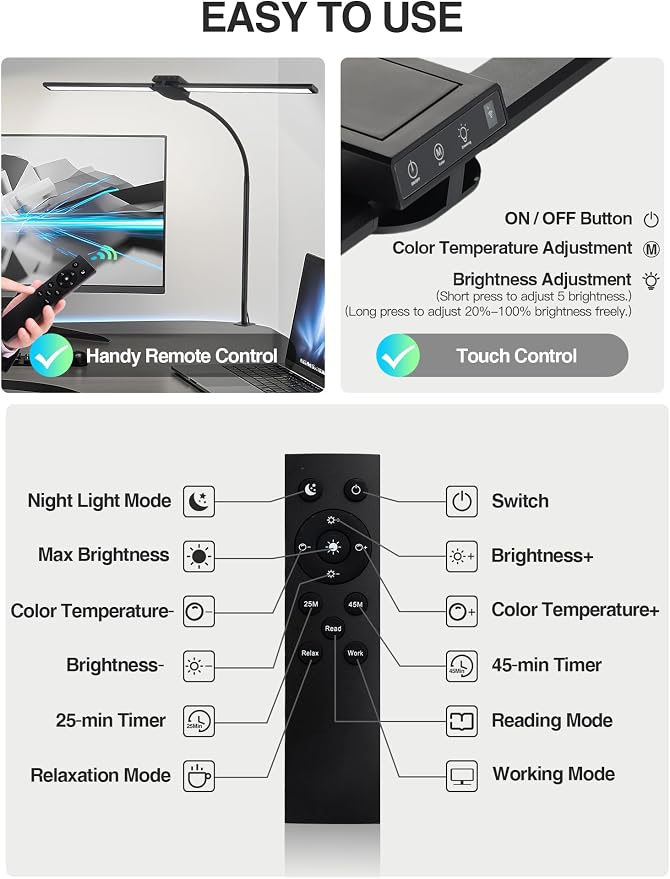 LED Desk Lamp for Home Office,5 Color+9 Brightness Office Desk Lamp,1200Lumen Eye Protection Desk Light,Computer Light with Remote Control & Timer for Office/Monitor/Computer/Study/Puzzle