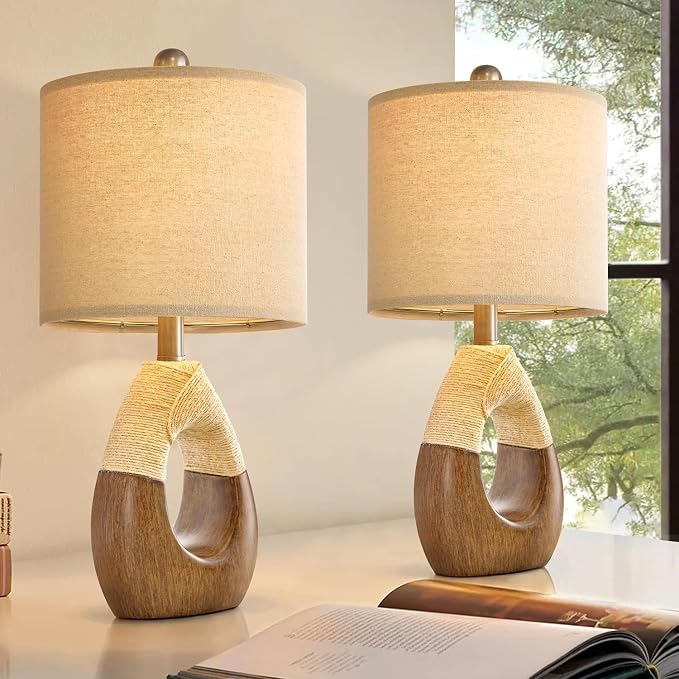 Boho Table Lamps Bedroom Living Room Set 2,Suitable for Small Space,Farmhouse RattanTable Lamp 19”Rustic Egg Design Resin Light Decoration,Nightstand Bedside Lamps for Office Study Rest