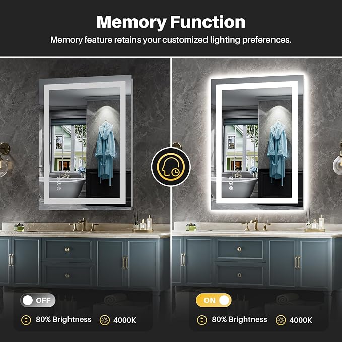 24x30 Inch LED Bathroom Mirror with Lights, Backlit & Front Lit | Anti-fog, 3 Color Dimmable, Memory Function, HD Reflection Tempered Glass, ETL Listed, IP54 Waterproof