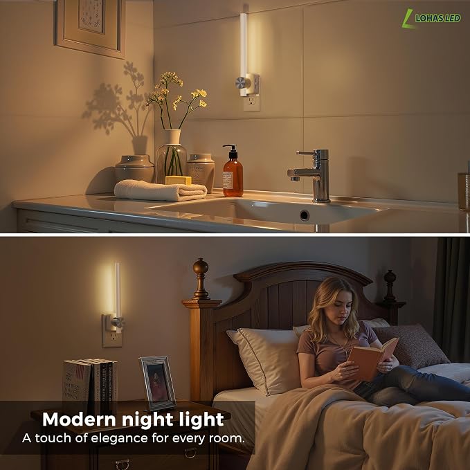 L LOHAS LED Night Light, Night Lights Plug into Wall, Bathroom Nightlight | 2 Pack, 0-200LM, Dusk to Dawn Sensor 2W Dimmable Nightlights, Soft White 3000K, Modern Nightlight for Adults Mirror Restroom