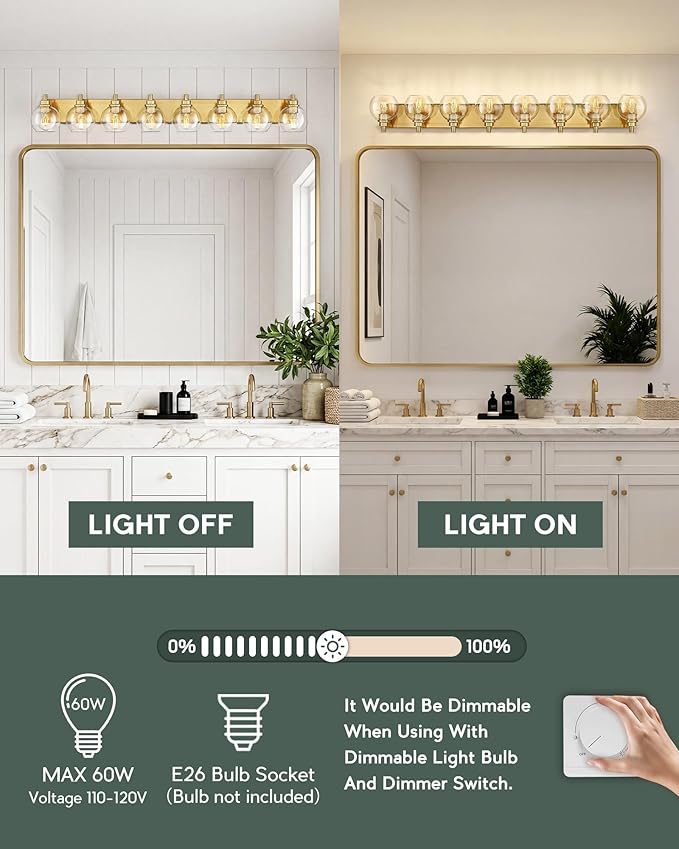 Bathroom Light Fixtures, 8 Light Brushed Gold Vanity Light, 52 Inch Modern Wall Sconces with Globe Clear Glass Shade, Vanity Lighting Fixtures Over Mirror, VL195-BG-8