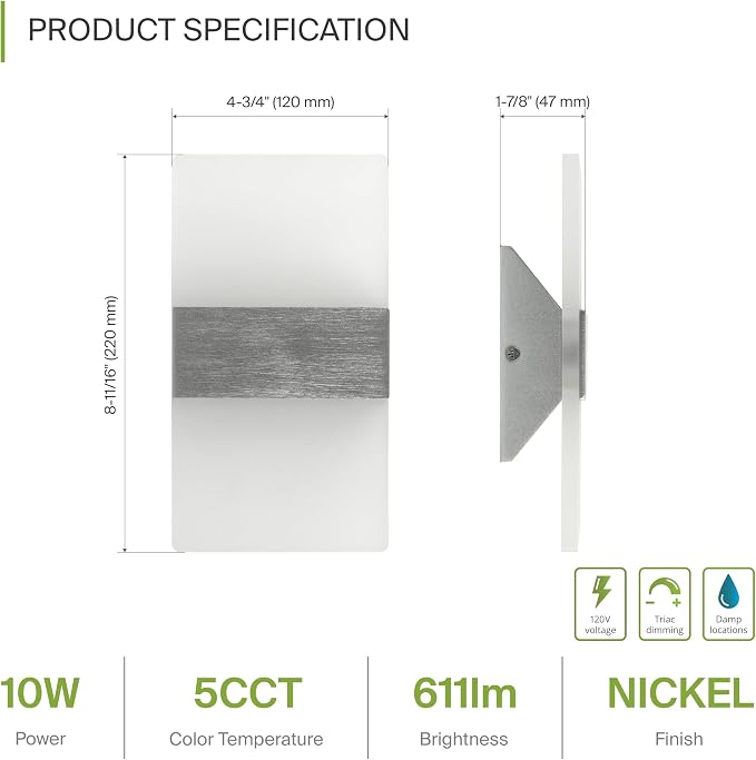 ASD 8 Inch Indoor LED Wall Sconce - 10W 2700K-5000K Dimmable Brushed Nickel Wall Sconce Lights for Living Room, Bedroom, Bathroom, Hallway - Modern Wall Sconces Hardwired, ETL Interior Light