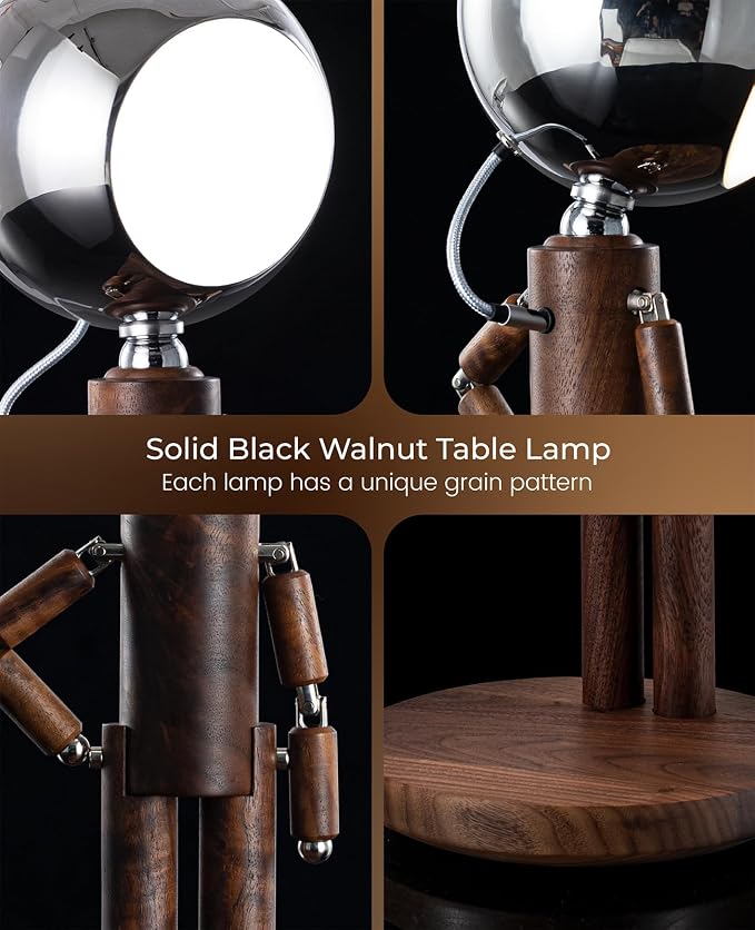 Cordless Table Lamp, Rechargeable Wooden Desk Lamp, Dimmable, Gift | Black Walnut, Touch Control, 3 Color Temperatures, Stepless Dimming, Home Decor, Gifts, Nightstand Robot Lamp