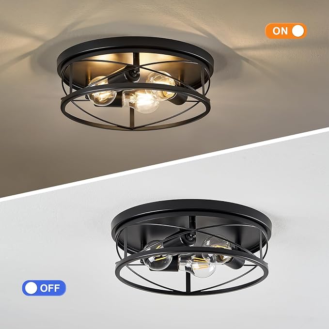 Farmhouse Light Fixtures, Black Round Metal Flush Mount Ceiling Light, 3-Light Cage Ceiling Lamp for Kitchen, Foyer, Bedroom, Hallway（Bulbs Not Included）