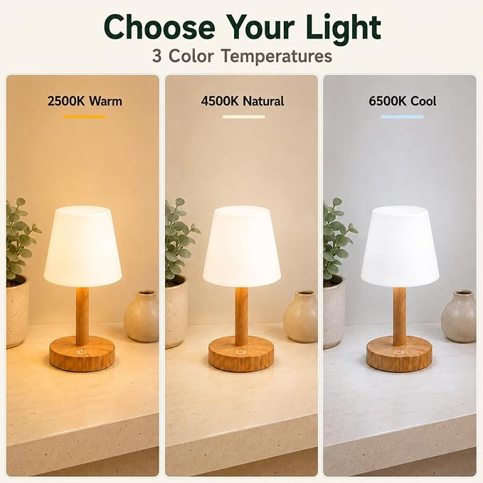 Rechargeable Table Lamp, Mini Cordless Shower Lamp for Bathroom, IP54 | Warm Oak-Look Body, Compact Fit for Small Surfaces, Warm-to-Cool Ambience, Touch Dimming with Brightness Memory