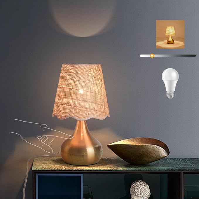 Ziqqeelam Gold Small Bedside Table Lamp Touche Control 3-Way Dimmable Brass Mini Table Lamps for Nightstand, Rattan Shade Small Table Lamps for Small Spaces for Kitchen Counter, Bookshelf, Bedroom