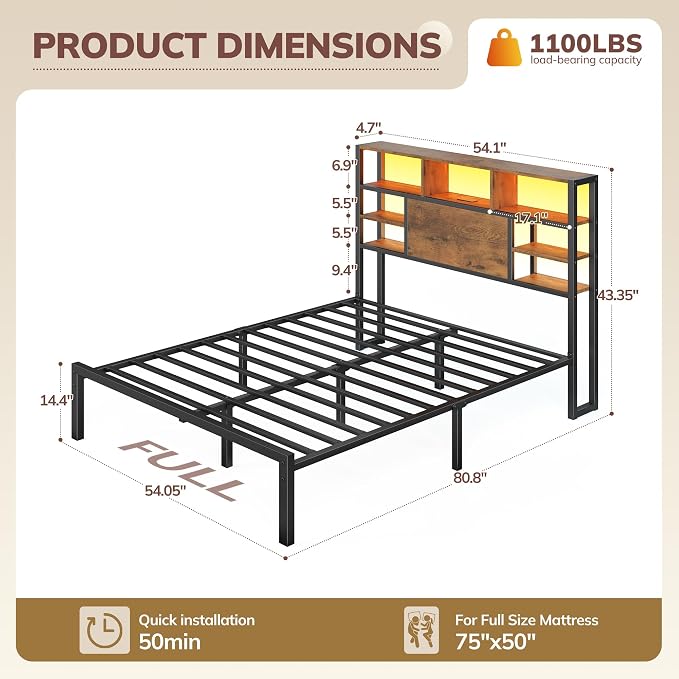 Homkdom Full Bed Frame with Storage Headboard and Charging Station,Brown | LED Lights，12.2" Under-Bed Storage，Supports up to 1100 LBS，No Box Spring Needed，Easy Assembly