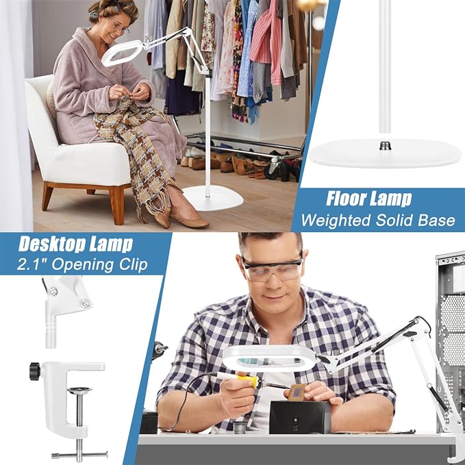 IVMAIE 12X Magnifying Glass with Light and Stand, Real Glass Lens, 5 Color Modes LED Dimmable Lighted, 3-in-1 Floor Lamp with Clamp, Hands Free Magnifier for Reading, Sewing Painting Close Work, White
