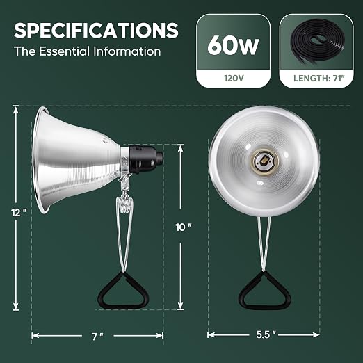 HealSmart 5.5" Clamp Light Socket, 60-Watt Maximum with 6 Feet 18/2 SPT-2 Cord, Aluminum Reflector E26 (no Bulb Included), for Reptiles and Plants Growing, (Pack of 1)