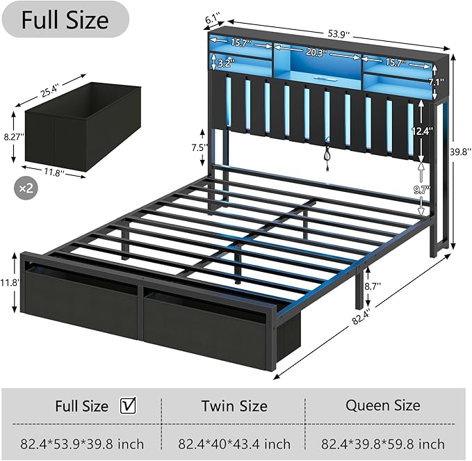 Full Size Bed Frame with Headboard and Charging Station,2 Storage Drawers | Wood Headboard with LED Lights & 2-Tier Storage Shelves, Full Platform Bed with Under Bed Storage, No Box Spring Needed