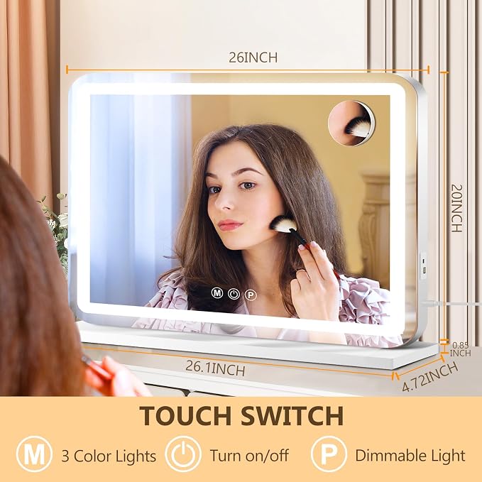 Ratsamee 26" x 20" Vanity Mirror with Lights, Led Makeup Mirror, Lighted Makeup Mirror with 3 Color Dimmable Lights, Smart Touch Screen Control, Aluminum Metal Frame,USB Charging Port
