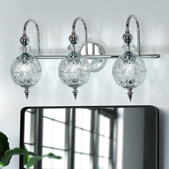 Piepooye Modern Bathroom Light Fixtures Polished Chrome Vanity Light with Glass Globe LampShade 3 Lights Mid Century G9 Bulb Wall Sconce Indoor Vanity Light Over Mirror for Bedroom Kitchen Hallway