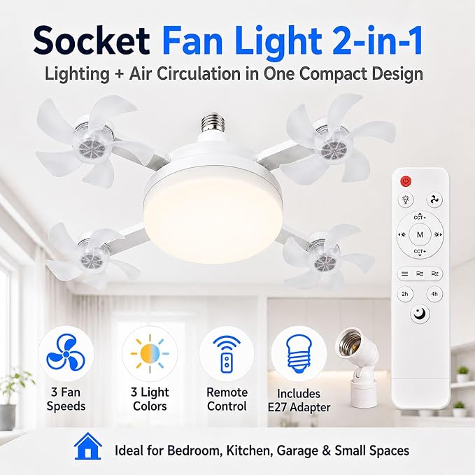 Socket Fan Light, Screw in Ceiling Fan with Remote, Light Socket Fan with LED Light, 3 Speeds, 3 Color Temperatures, Foldable E27 Fan Light for Bedroom Kitchen Garage (4 Head with E27 Adapter)