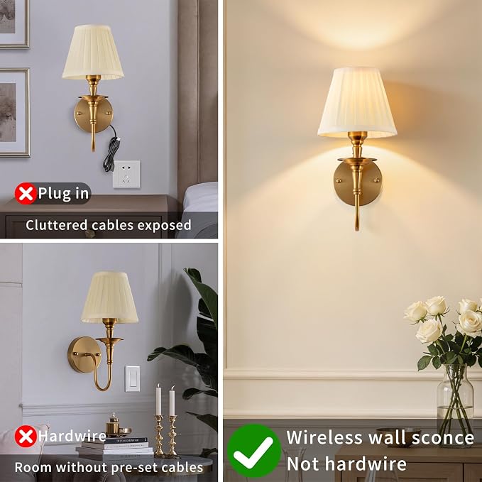 Vintage Wall Sconces, Wireless Wall Sconce Set of 2 with RGB Rechargeable Dimmable Bulbs, Brass-Color Battery Operated Wall Sconce with Remote for Bedroom, Living Room, Hallway