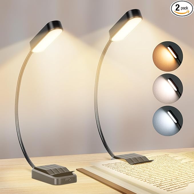 Book Light 2 Pack, Rechargeable Reading Lights for Books in Bed-Eye Caring 3 Colors, Stepless Dimming, 360° Flexible Studying Small Desk Lamp, Lightweight Clip-on LED Night Light for Book Lovers, Kids