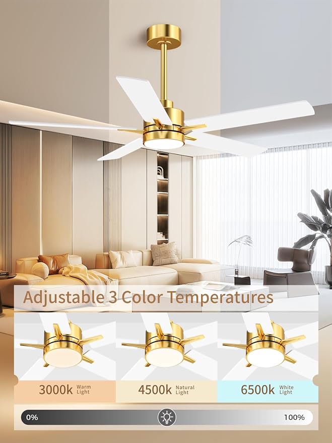 LANMEL Metal Ceiling Fan with Lights and Remote, 52 Inch, Gold & White | Modern Low Profile Flush Mount, Reversible, 3CCT Dimmable, Quiet, LED, For Bedroom, Living Room, Indoor/Outdoor Patio Use