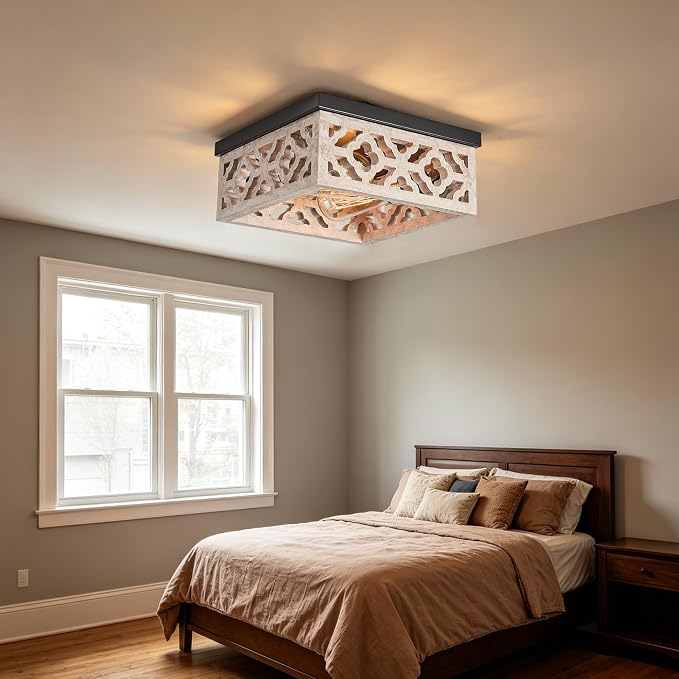 Tarentlight Farmhouse Flush Mount Ceiling Lights, Matte Black Metal & Distressed White MDF Vintage Close to Ceiling Light Fixtures for Kitchen Bedroom DiningRoom Hallway Entryway Foyer Closet Laundry