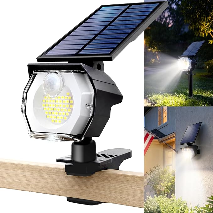 Clip-on Solar Spot Lights Outdoor with Motion Sensor for Pathway, Fence | 800LM SUPER BRIGHT 3-in-1 Install IP65 Waterproof Landscape Lighting with 3 Lighting Modes for Fence, Tree, Flag and Garage