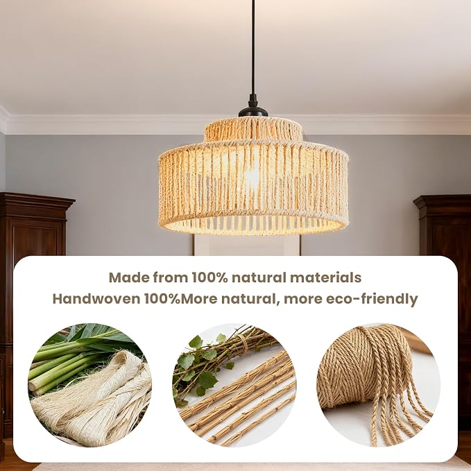 2 Pack Rattan Pendant Light,11 Inch Boho Kitchen Island light Fixtures,Handmade Woven Hanging Lamp,Small Wicker Chandelier,Basket Hanging Light for Bedroom Kitchen Living Room Restaurant Hallway Foyer