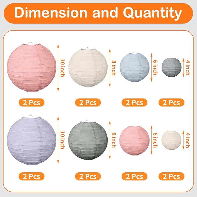 Glooglitter 16 Pcs Colorful Hanging Paper Lanterns Boho Party Decorations 4” 6” 8” 10” Round Decorative Chinese Lanterns Classroom Ceiling Decor for Indoor Outdoor Wedding Baby Shower, Morandi Color