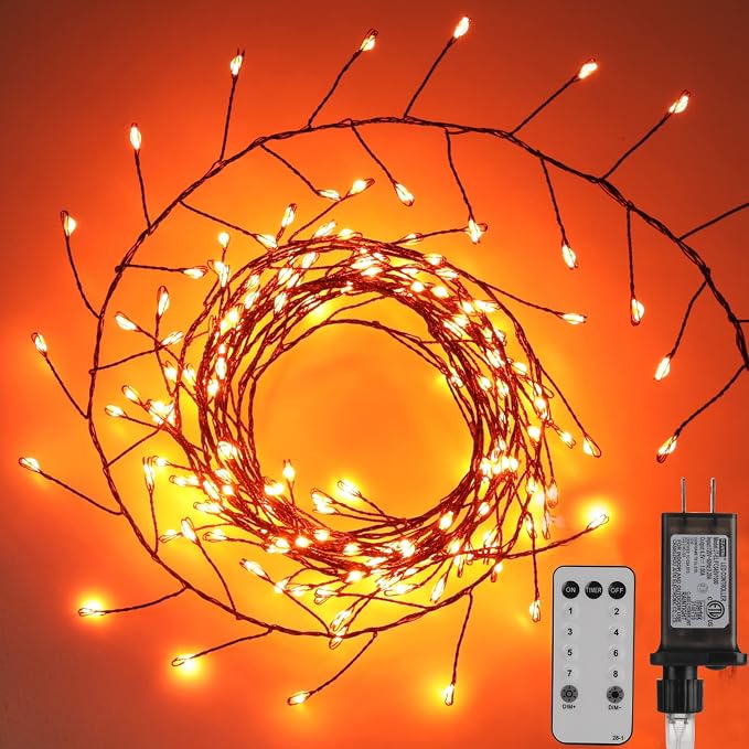 Halloween Fairy Lights Plug in, String Lights for Halloween Decorations | 10FT 200LEDs, 1 Pack with Remote, Orange, Waterproof Firecracker Lights for Ceiling Window Bar Haunted Theme Halloween Decor
