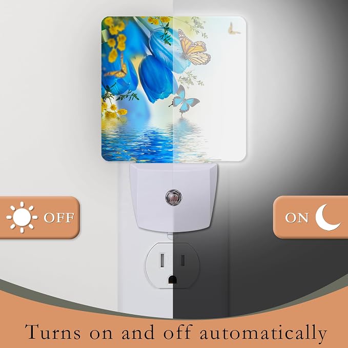 Night Light for Kids,Blue Tulips and Butterfly LED Night Light Plug into Wall with Dusk to Dawn Sensor for Girls Boys Room Decor,Hallway,Kitchen,Bathroom,Nursery,Stairs