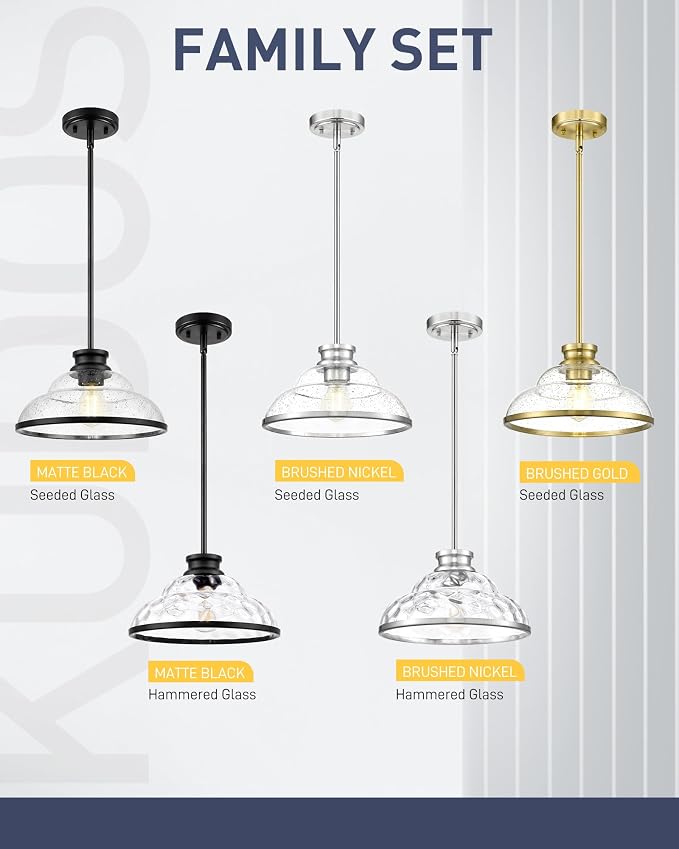 kudos 11 Inch Black Pendant Lights with Clear Hammered Glass, KDPL14-BK-H | E26 Bulb Base, Hardwired, Farmhouse Styling, Adjustable Hanging Rods for Flat or Sloped Ceilings, for Kitchen Bars