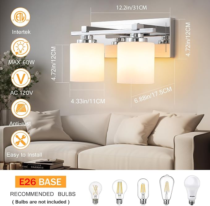 Modern Bathroom Light Fixtures Over Mirror, Vanity Lights for Bathroom Wall Sconces with Milky White Glass Shades, E26 Socket (Bulbs Not Included), 2 Light, Chrome