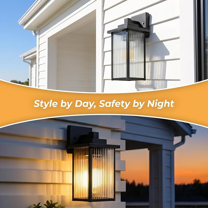 2-Pack 13-Inch Matte Black Outdoor Wall Light, All-Metal Frame | Textured Glass Softens Glare, Stays Bright. Waterproof Rust-Resistant Metal. Pre-Assembled DIY Install on Porch, Garage