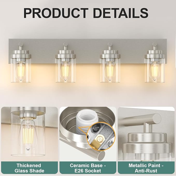 IZORRO Bathroom Vanity Light Fixture, 4-Light 30 Inch Brushed Nickel Bathroom Light Fixtures Over Mirror, with Clear Glass Shade, Modern Farmhouse Vanity Lights, Rustic Restroom Lighting Fixtures