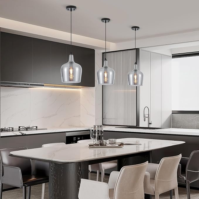 10” Large Hammered Glass Pendant Light Modern Smoky Black Dome Pendant Lighting Fixtures for Kitchen Island Dining Room Hallway, UL Listed