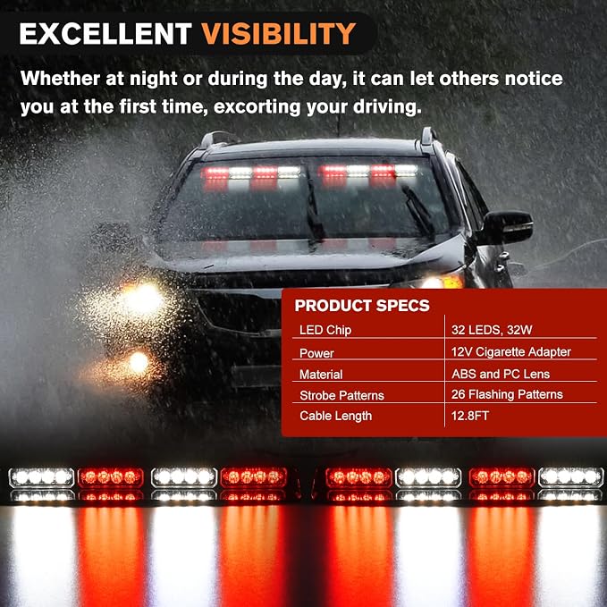 Nilight 32LED Red White Emergency Dash Strobe Lights with Controller | Suction Cups Warning Hazard Interior Front/Rear Windshield Deck Split Light Bar for Trucks Construction Vehicles