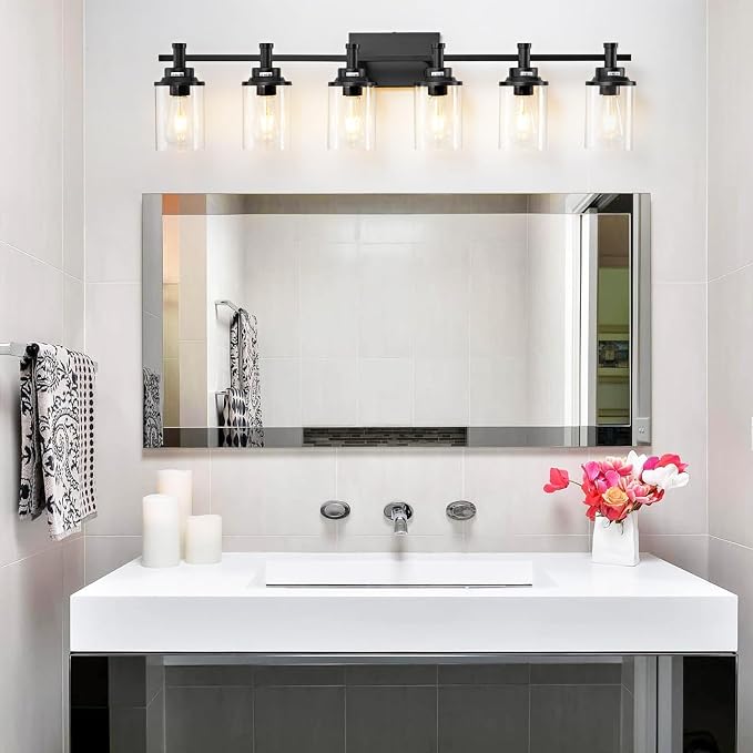 Modern Black Bathroom Vanity Lighting Over Mirror, 6 Lights with Clear Glass Shade, Metal Vanity Light Fixture for Bathroom, Bedroom, Living Room