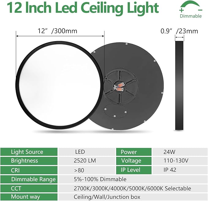 12 Inch 12PK Dimmable LED Flush Mount Ceiling Light,2700K/3000K/4000K/5000K/6000K CCT Selectable, Round Flat Panel Ceiling Lamp for Bedroom/Bathroom/Living Room (Black, 12" 12PK)