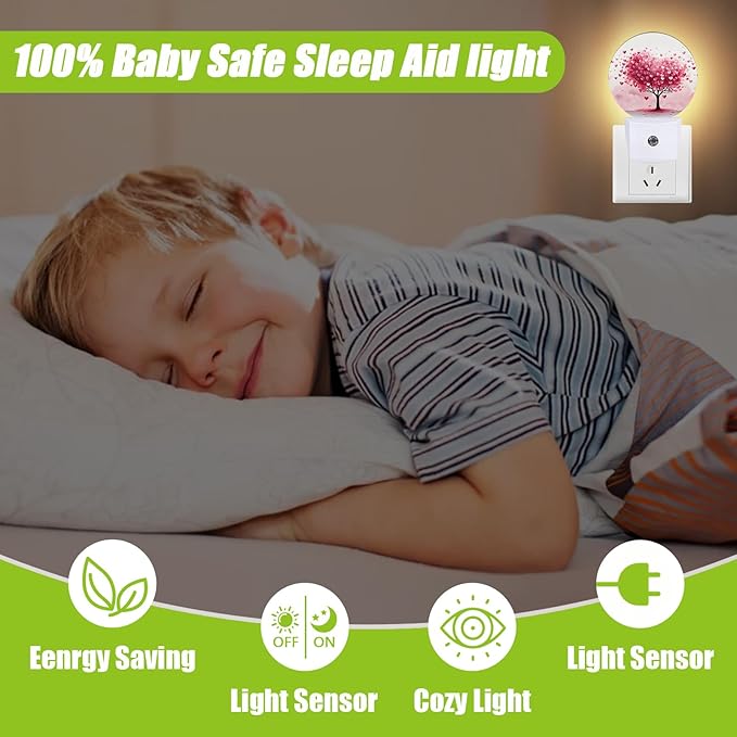 Tree Night Light,Pink Heart Night Lights Plug into Wall for Kitchens Toilets Bedroom Decorative Half Round Nightlight Led Lamp 0.5W Sleep Friendly
