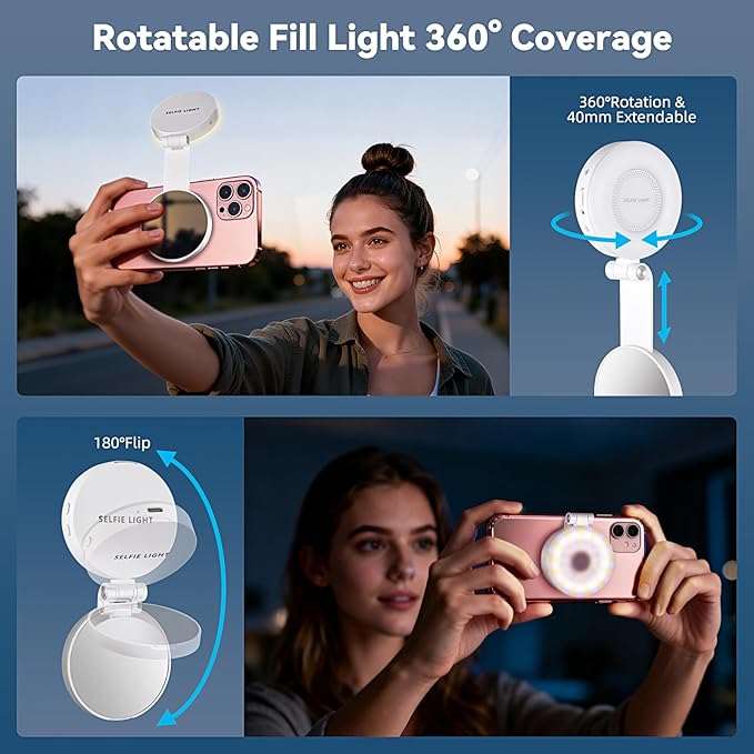 Portable Magnetic Led Selfie Light, Rechargeable Portable Ring Light for Phone, Selfie Ring Light with Mirror for Phone Folding Video Makeup Live Vlog Fill Light White