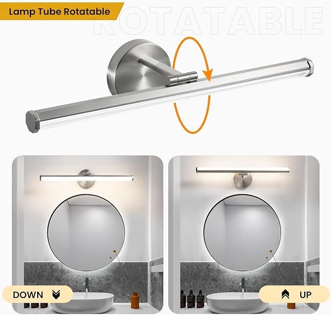 KAISITE Bathroom Light Fixture Over Mirror 22IN Brushed Nickel Vanity Lighting Fixture Dimmable LED Vanity Light Rotatable Modern Bathroom Light Bar 18W 3000K