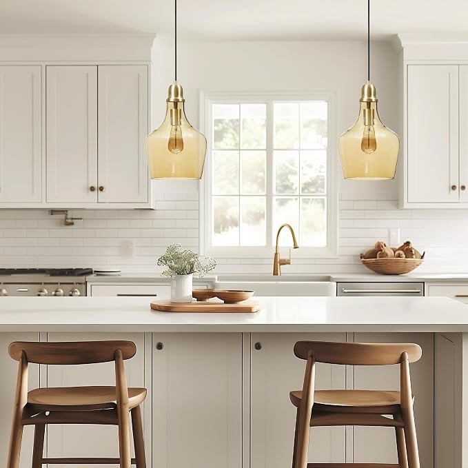 Ink+Ivy Auburn Pendant Kitchen Lighting for Dining Room, Industrial Lights, Hand-Blown Glass Bell Shaped Pendant Light for Kitchen Island, Foyer, Bedroom, 9" Dia x 95.5" H, Gold/Amber