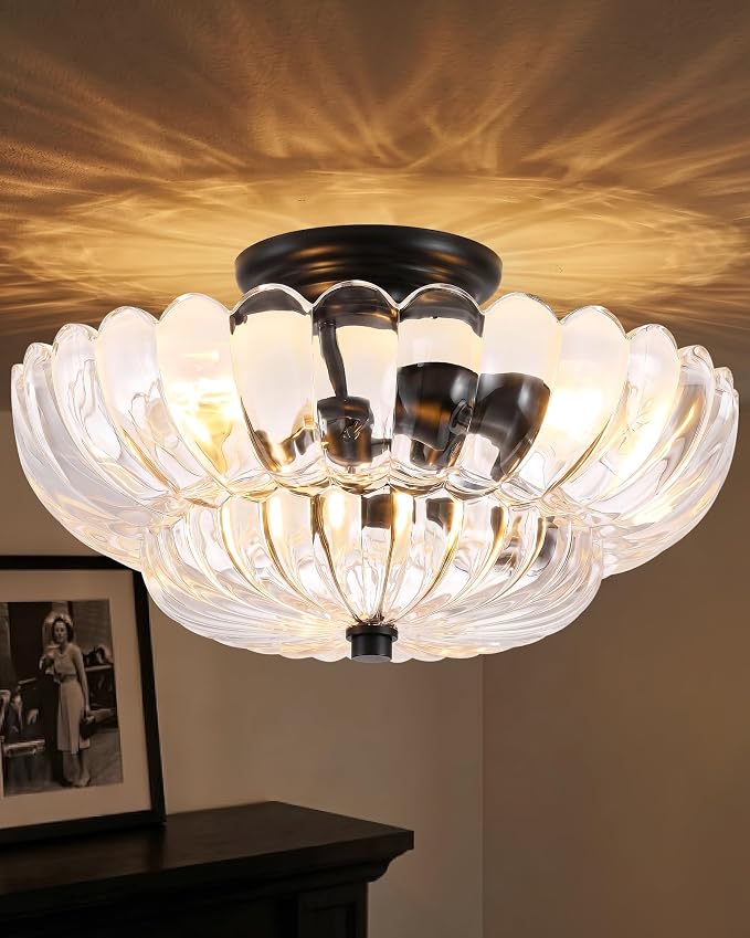 Semi Flush Mount Ceiling Light Fixture 14" Vinatge Black Ceiling Lights Mid Century Modern Clear Glass Close to Ceiling Lighting Fixtures for Bedroom Hallway Kitchen Laundry Room Bathroom