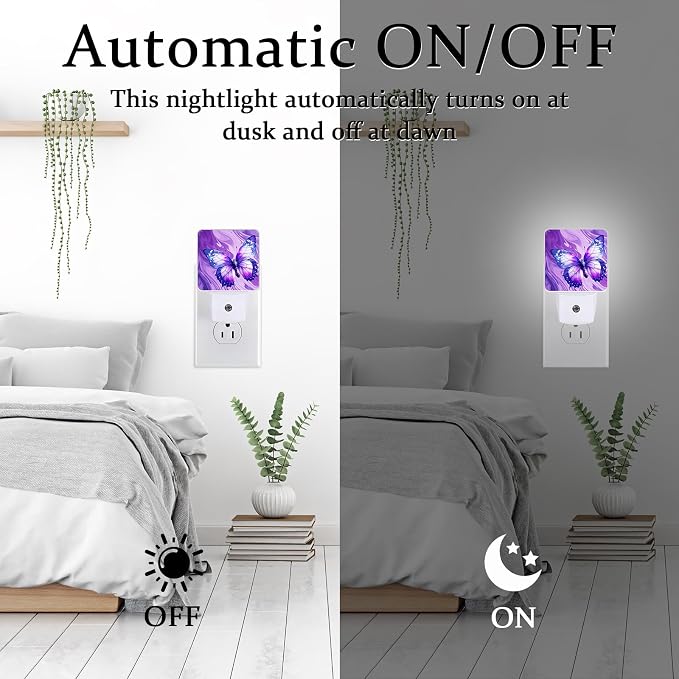Butterfly Night Light, Plug-into Wall Purple Marble Nightlight Lamp with Dusk to Dawn Sensor, Led Lamp 0.5W Energy Efficient for Boys Girls Adults Home Decor