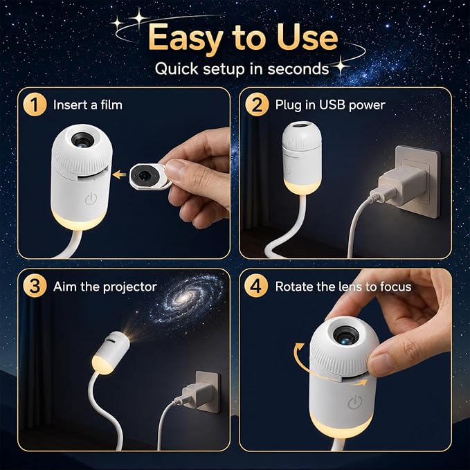 2-in-1 HD Galaxy Starry Sky Night Light Projector, Galaxy Star Projector with 12 Projector Films, 360° Rotating Design, USB Power for Car and Bedroom, Decoration for Adults and Kids (-24 Films)