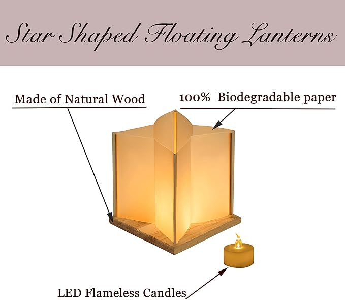 10 Pack 6" Star Shaped Floating Lanterns with Waterproof Wooden Base Sets, Paper Water Lanterns Decoration with LED Tealight Candle (10Sets Lanterns+Flameless LED Candles)
