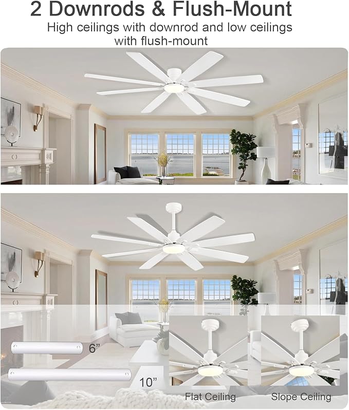 Ceiling Fan with Light and Remote/APP Control, 62 inch Large Low Profile Ceiling Fans for Living Room Patio, Quiet DC Reversible Motor, 8 Speed, 3CCT, Dimmable, Dual Finish 8 Blades, White