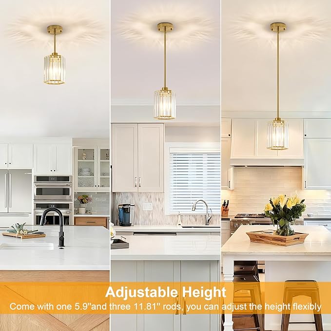 3 Pack Crystal Pendant Lights Kitchen Island, Modern Brushed Gold Kitchen Pendant Lights Over Island, Hexagonal Crystal Hanging Lights for Island, Dining Room, Hallway, Foyer, Entryways