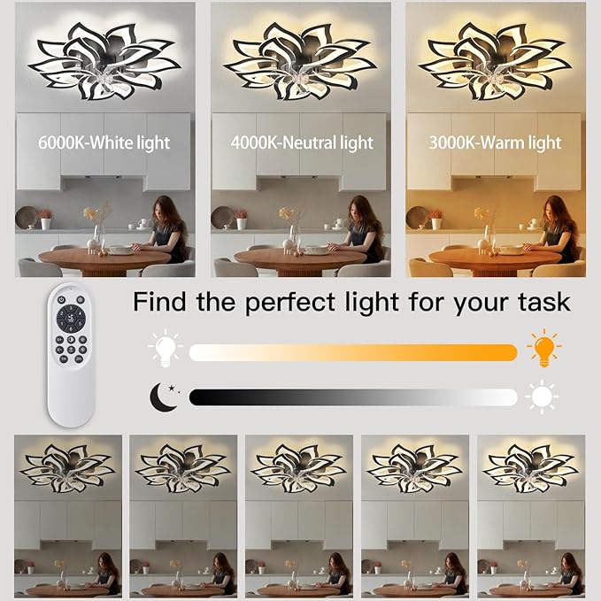 35" Black Modern Ceiling Fan with Lights Remote Control, 6 Speeds 3 Light Color Low Profile Flush Mount Ceiling Fan with Light for Kitchen Bedroom