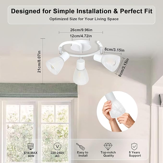 HiBay 3-Light Track Lighting, Modern Glass Ceiling Light Fixture White | Directional Flush Mount Spotlight Round for Kitchen, Bedroom, Living Room, E12 Base, Bulbs Not Included