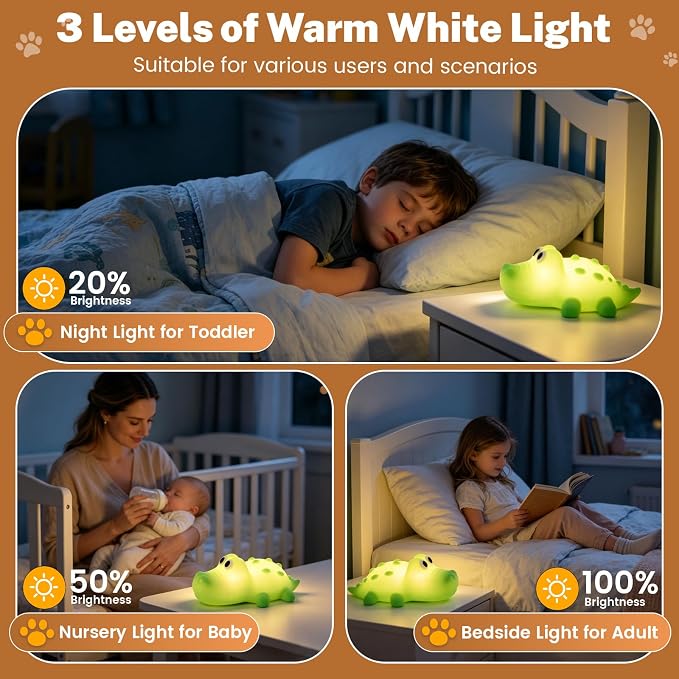 AVEKI Night Light for Kids, Baby Crocodile Night Light with Dimmable Warm Light & RGB Mode, Soft Silicone Touch Lamp with 30M Timer, Rechargeable Alligator Light for Nursery Kids Room