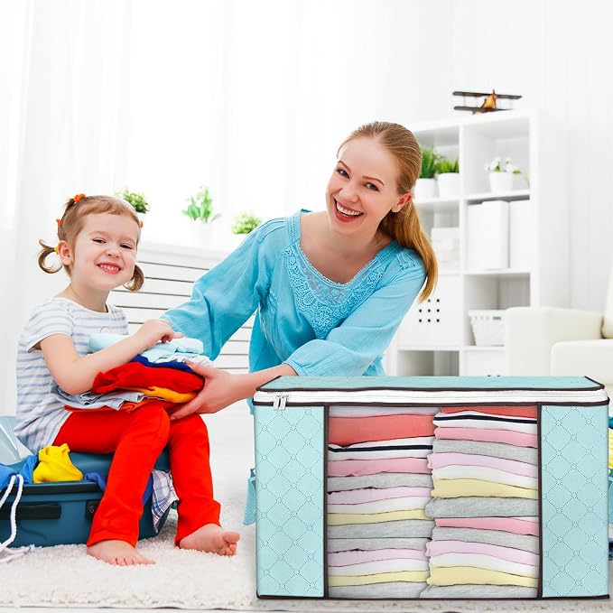 90L Large Storage Bags, 4 Pack Clothes Storage Bins Closet Organizers | Foldable Storage Containers, with Reinforced Handle, for Clothing, Blanket, Comforters, Bed Sheets, Pillows and Toys,Blue
