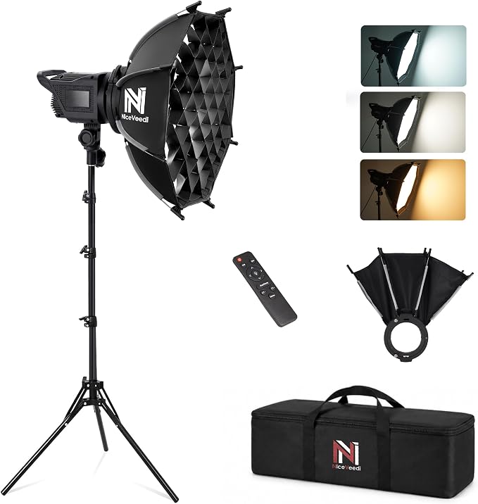 Niceveedi Softbox Lighting Kit, 2700-6500K LED Photography Lighting with 16.5” Quick-Release Softbox/Bowens Mount/Cooling System/Remote/Tripod, 90W Video Light for Video Recording/Streaming/Portraits